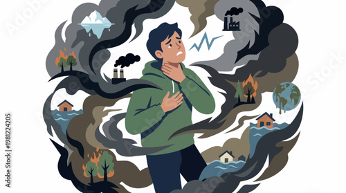 A man experiencing distress amidst a swirling vortex of environmental disasters like pollution, wildfires, floods, and melting ice, symbolizing climate anxiety.