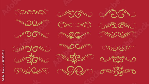 Golden Ornate Swirl Patterns, Luxury Vector Designs, Elegant Red Background, 12 Ornament Elements