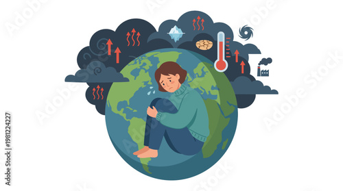 A person experiencing eco-anxiety, huddled on Earth surrounded by symbols of climate change and environmental distress.