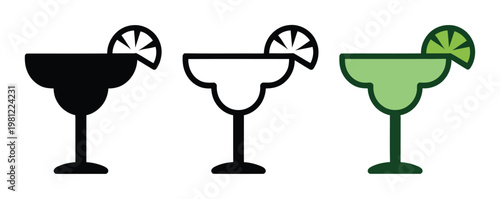Three stylized margarita glasses with lime wedges: black silhouette, outline, and green fill