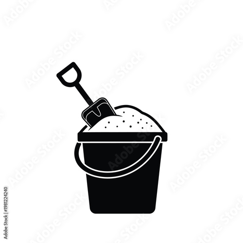 A simple black silhouette depicts a small plastic bucket filled with sand and a miniature shovel resting within