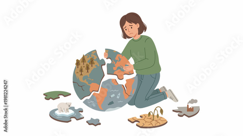 A person sadly assembling a broken Earth puzzle, depicting various environmental problems like deforestation, melting ice, drought, and pollution.