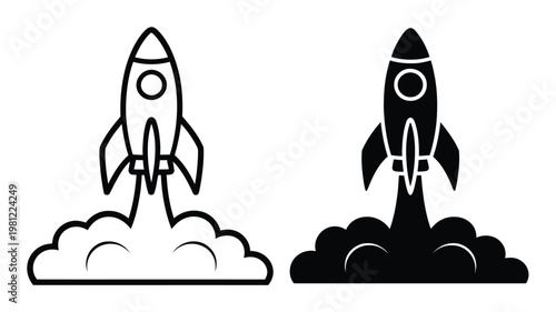 Two Rocket Launch Outline and Silhouette with Smoke