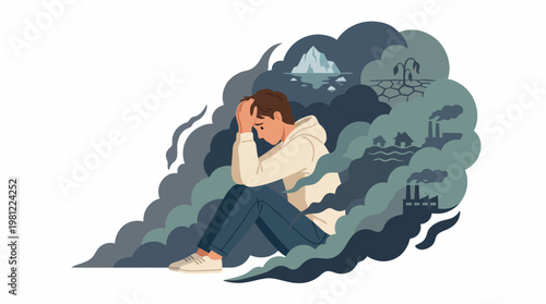 A distressed man sits hunched over, surrounded by dark clouds depicting environmental concerns like melting ice, drought, and industrial pollution, illustrating eco-anxiety.
