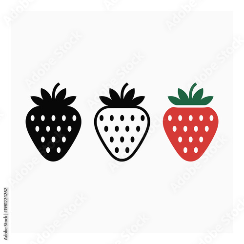 Three stylized strawberries: solid black, outline, and red with green leaves
