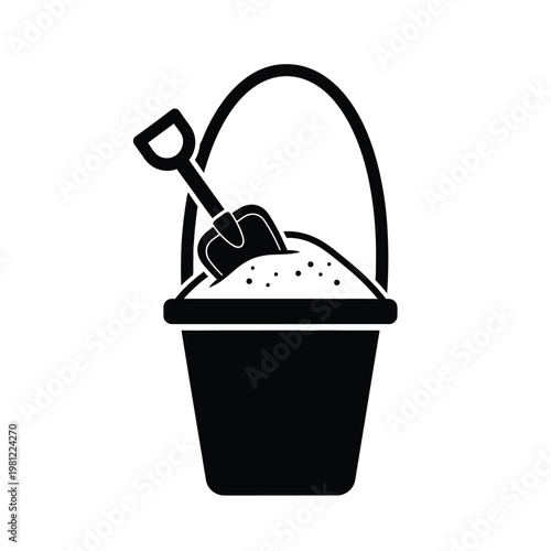 A simple black and white vector illustration depicts a bucket filled with sand and a small shovel resting on top