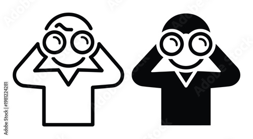 Two stylized figures, one outlined and one solid black, looking through binoculars