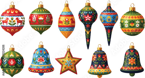 Colorful assortment of traditional glass ornaments hanging in a circular arrangement Vector