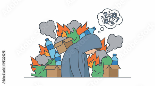 A person in a hoodie surrounded by burning trash and smoke, with a thought bubble indicating confusion or stress.