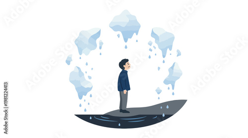 A lone man stands on a small landmass, observing melting ice chunks floating and dripping water, symbolizing environmental crisis.
