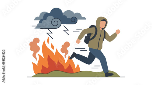 A person running away from a raging fire and a stormy sky with lightning, symbolizing escape from danger and environmental threats.