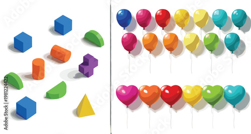 Colorful 3D Geometric Shapes and Glossy Balloon Set Featuring Cubes Cones Hearts and Round Party Balloons for Design