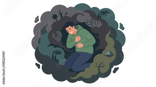 A distressed man surrounded by dark smoke and environmental pollution, showing the impact of air quality on health.