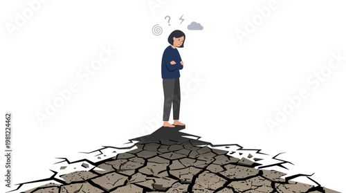 A person stands on cracked ground, looking frustrated and uncertain about a difficult situation, symbolizing stress and challenges.