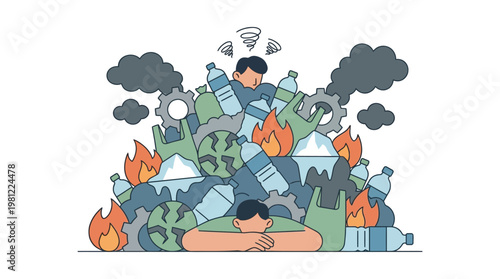 A person overwhelmed by a massive pile of burning trash and plastic waste, symbolizing environmental pollution and climate change.
