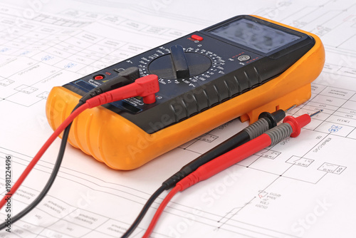 A digital multimeter for measuring the parameters of electrical circuits. Close-up. Soft focus.