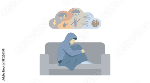 A person experiencing mental distress, sitting hunched on a couch under a blanket with a cloud of negative weather symbols overhead.