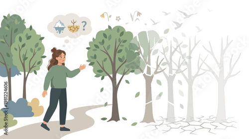 Woman contemplating environmental change, observing healthy trees transition to dry, barren landscapes due to climate impact.