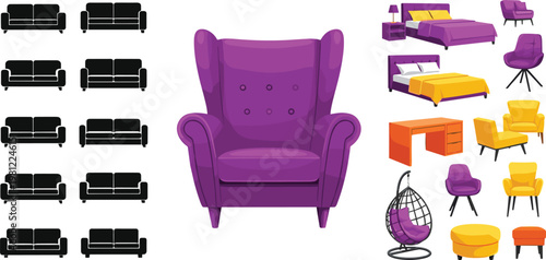 Modern Home Furniture Vector Set Featuring Purple Wingback Armchair Bedroom Beds Office Desk Hanging Chair and Sofa Silhouettes