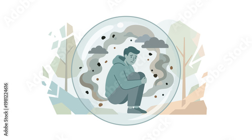 A person isolated in a bubble with dark clouds and particles, representing mental health struggles and feeling trapped.