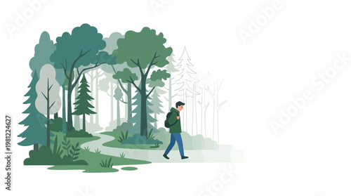 A person with a backpack walking on a winding path through a stylized green forest with trees fading into the background.