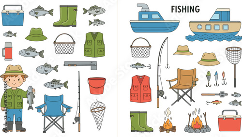 Outdoor Fishing Adventure Vector Set Featuring Fisherman Character Boats Rods Tackle Boxes Fish Campfire and Essential Fishing Equipment