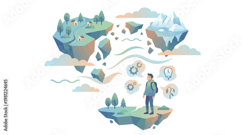A person contemplating ideas and challenges in a fragmented, floating world with various landscapes and conceptual elements.