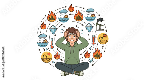 A person overwhelmed by a circular array of climate change and environmental crisis icons.