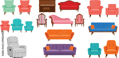 Modern and Vintage Living Room Furniture Vector Set Featuring Colorful Sofas Armchairs Couches Recliner Piano and Interior Design Elements