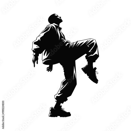 Black silhouette man dancing, dynamic pose, hip hop style, vector illustration