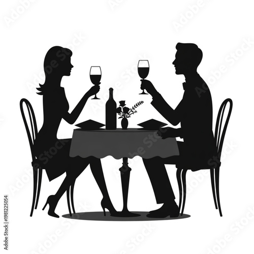 Romantic couple silhouette having dinner, man and woman drinking wine isolated on white background