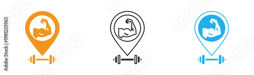 Fitness location icons orange and blue muscle pins with barbells