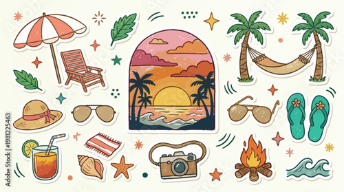 Summer Vacation Icons with Beach Sunset, Palm Trees, and Tropical Symbols