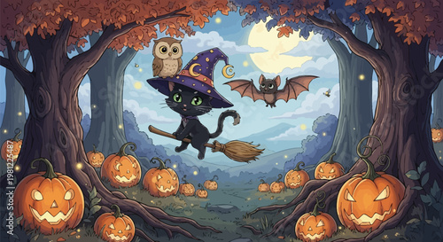 A mysterious black cat flying through a dark, autumnal forest with glowing pumpkins. Vector