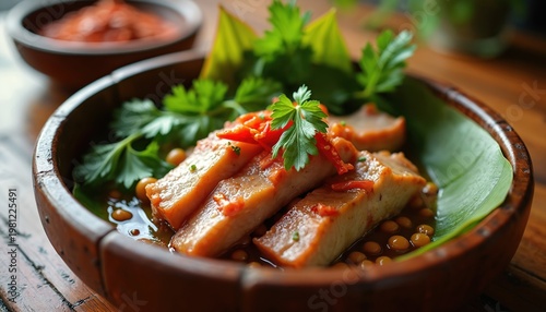 Fish fillets with chili sauce and parsley served in wooden bowl. Yellow peas and green leaves garnish the plate. Meal looks appetizing and flavorful, ready to eat.