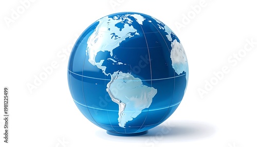 Shiny blue globe with white landmasses sits against a stark white background with subtle shadowing