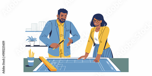 Two professionals collaboratively reviewing architectural plans in a modern office