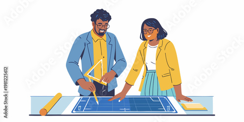 Two architects collaborate over a blueprint with drafting tools nearby