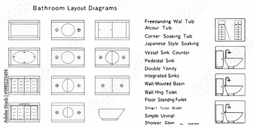 Bathroom layout diagrams showcasing various fixtures and design options