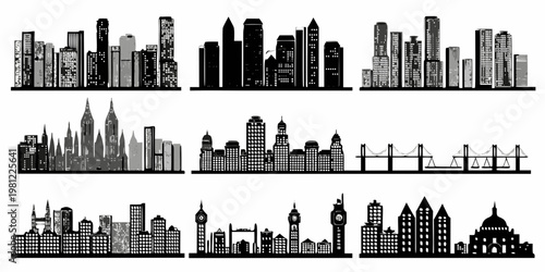 Silhouetted cityscapes and landmarks in a black and white illustration