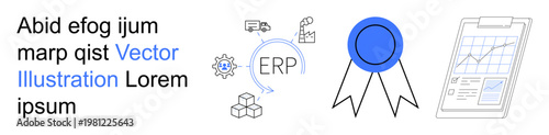 Business strategy, logistics management, ERP systems, process optimization, corporate achievements, data analysis. ERP icon with logistics elements, award ribbon and analytics chart. Business