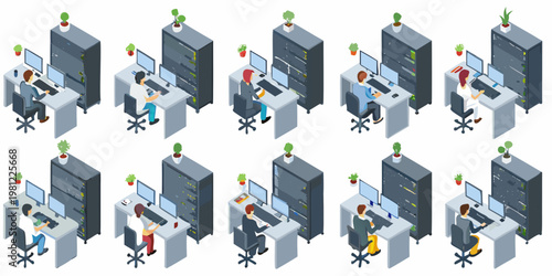 Isometric illustration of people working at server racks in an office setting