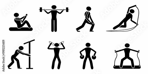 Stick figures demonstrate various athletic exercises and physical activities