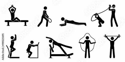 Stick figures demonstrating various fitness exercises and workout routines