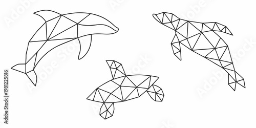 Geometric marine life a dolphin turtle and bird in outline form