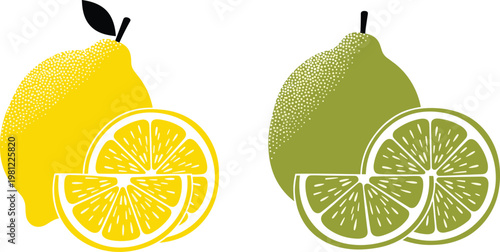 Minimalist Lemon and Lime Fruit Illustration Set with Sliced and Whole Fruits for Food, Nature, and Organic Themed Designs, Vector Illustration