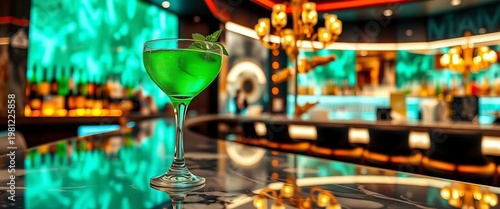 Emerald green cocktail on sleek marble, upscale bar setting,   setting,   ambiance
