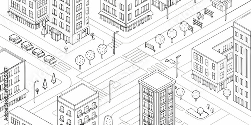 Isometric illustration of a detailed city street scene with buildings and vehicles