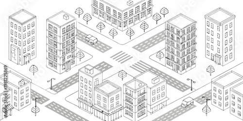 Isometric illustration of a city intersection with buildings and street details