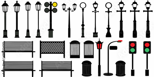 Collection of various black street lamps benches and urban elements